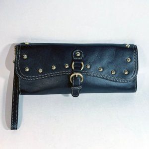 Aqua Madonna Black Leather Clutch Purse, Gold Studs & Hardware